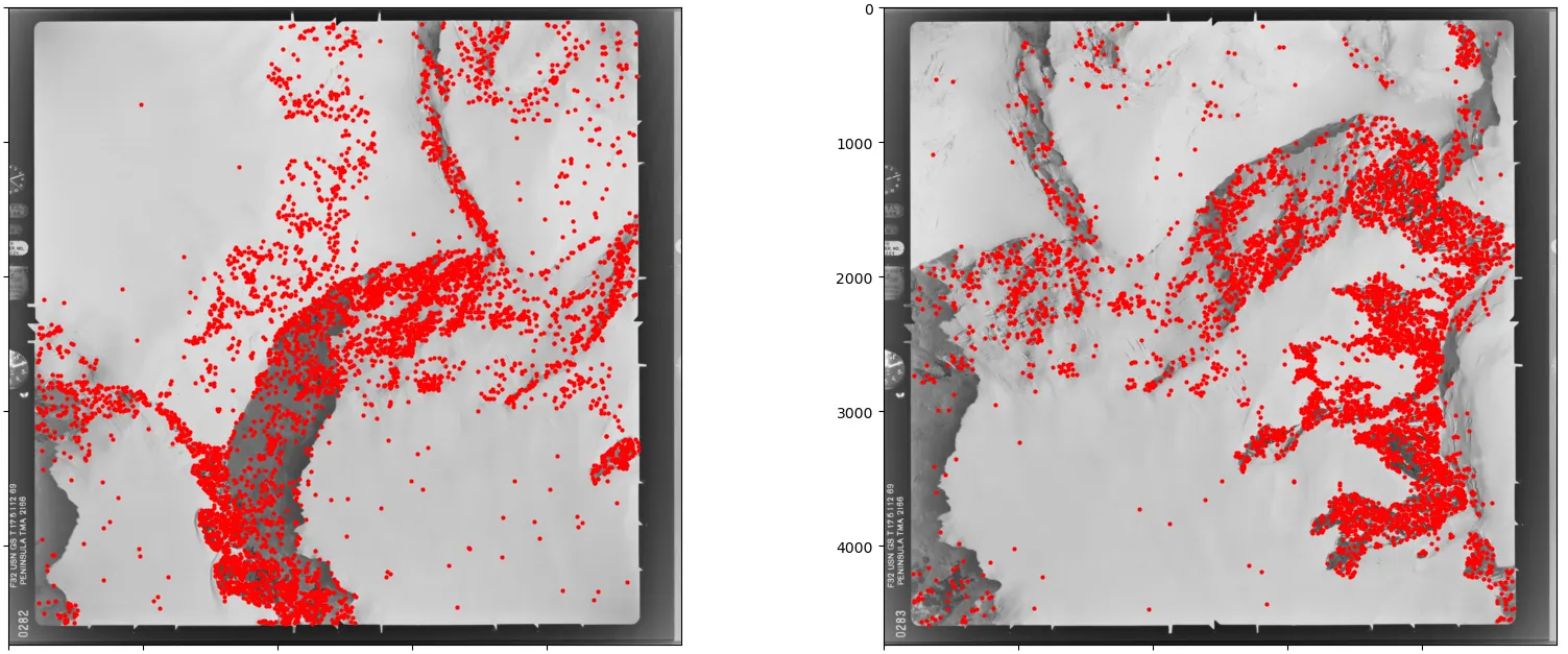 Extracted SuperPoint keypoints visualised as dots scattered across the full-resolution image after merging and deduplicating all tile results