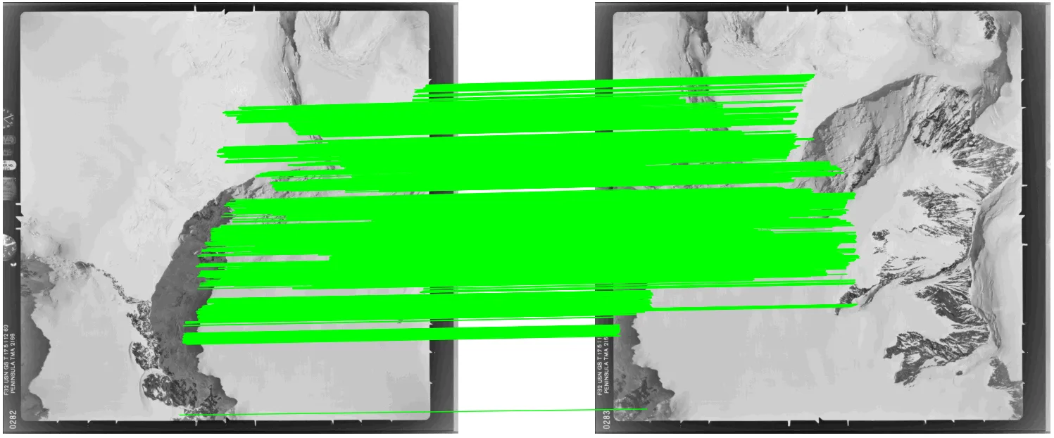 5000 dense tie-points connecting two aerial images produced by RoMa, showing significantly denser coverage compared to the LightGlue-only result