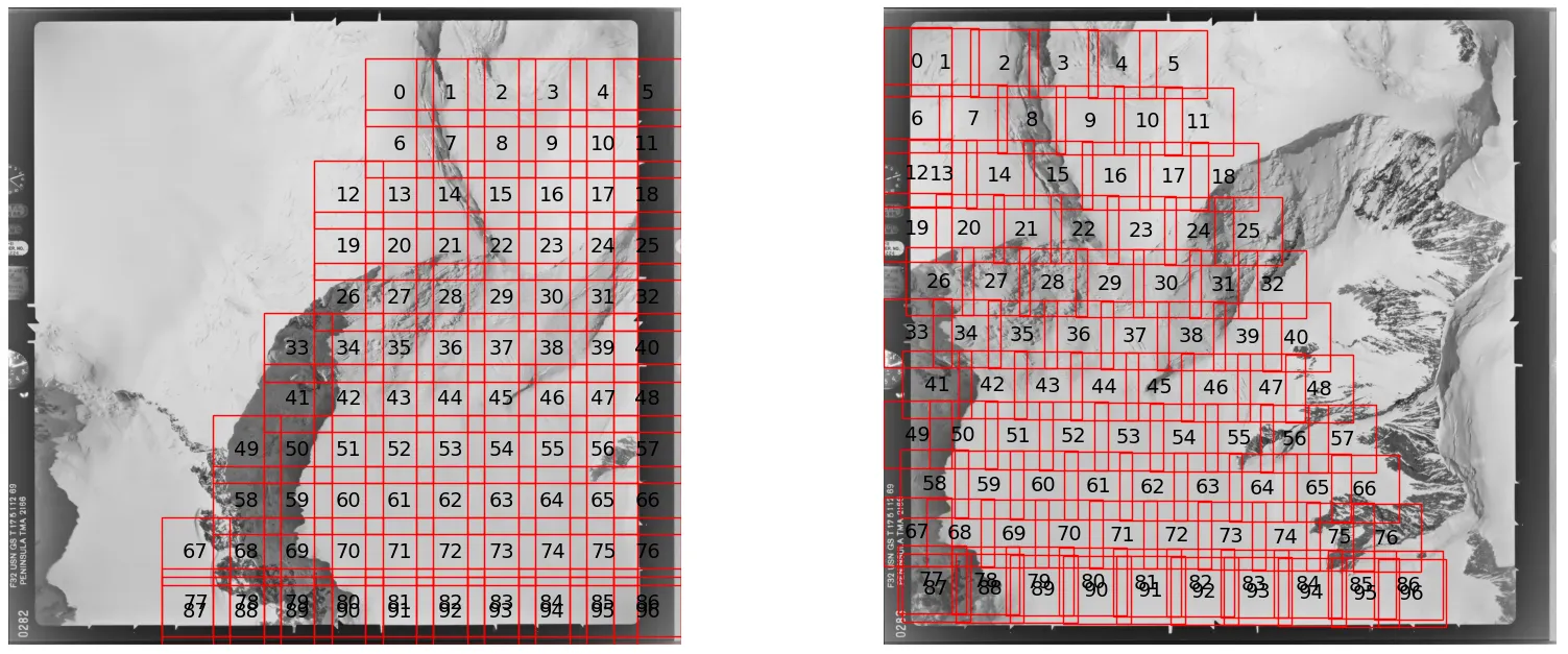 Two aerial images overlaid with 96 small overlapping tiles projected using the coarse homography, providing denser coverage required by the memory-intensive RoMa matcher