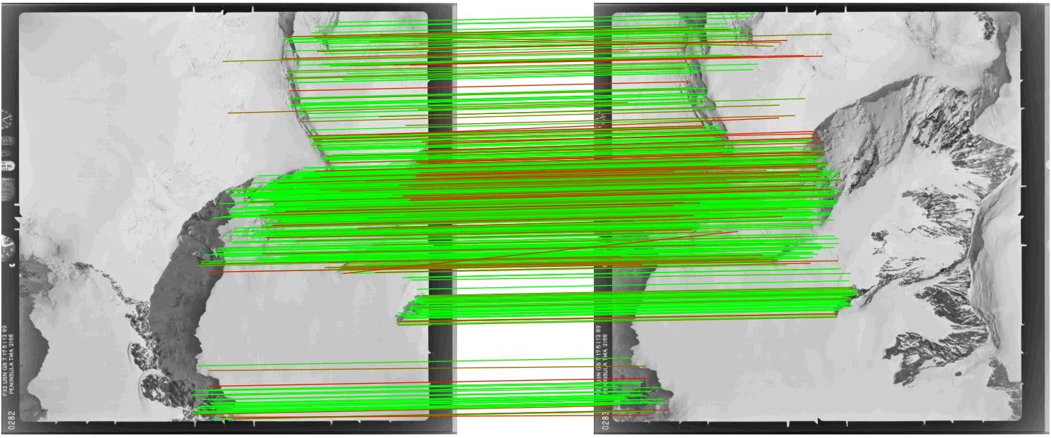 776 tie-points drawn as coloured lines connecting matched locations between two overlapping aerial images, with high average confidence of 0.897