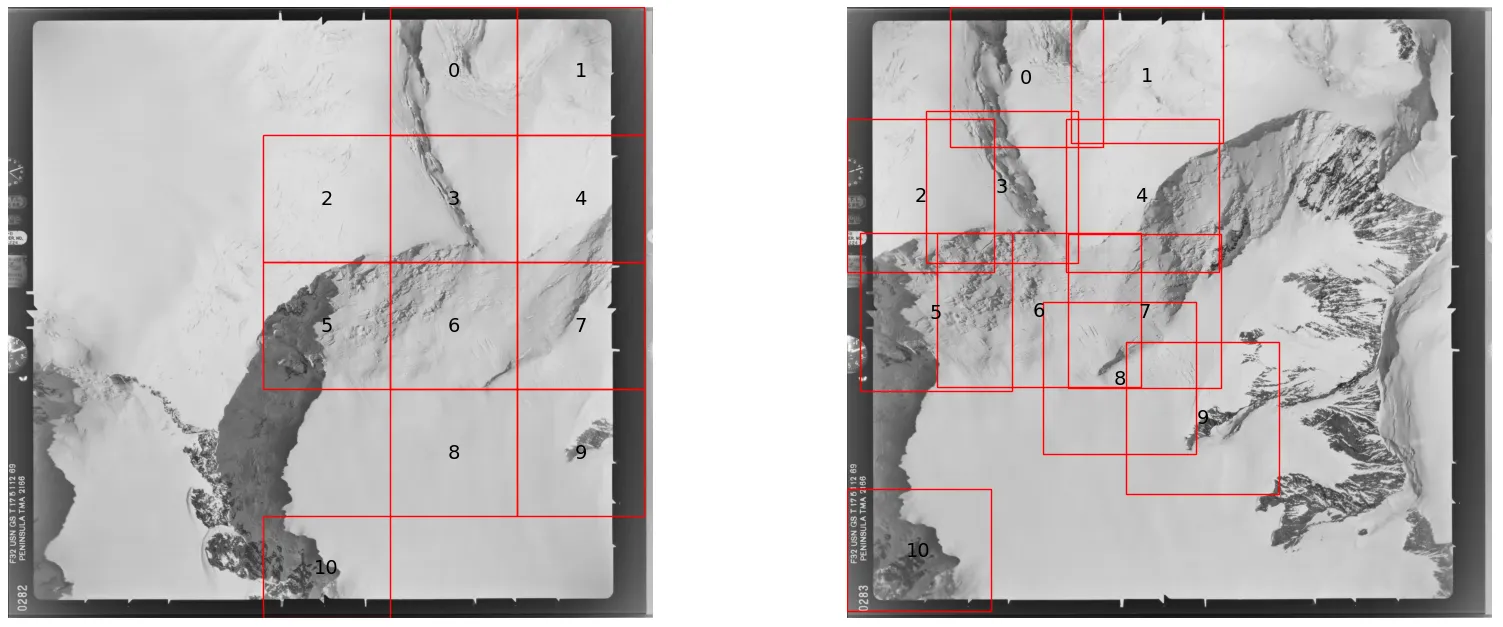 Second image showing 10 variable-size tiles projected from the base image tiles using baseline matches, concentrating on textured regions and ignoring flat featureless areas